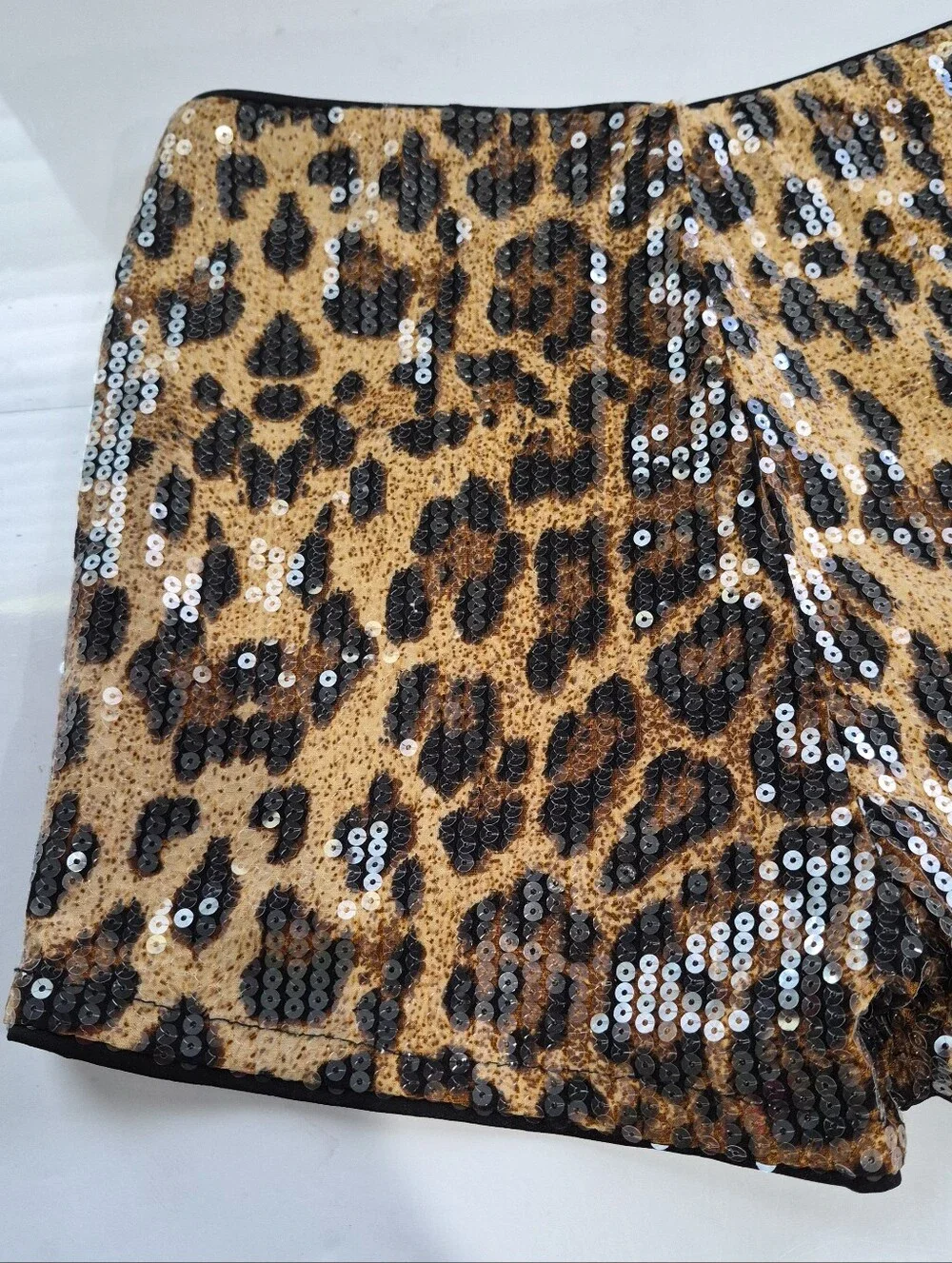 Sequin Leopard Print High-Waist Women’s Shorts - Black & Gold Size Small